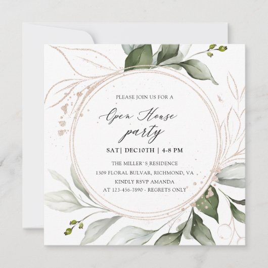Elegant Greenery Golden Holiday Open House  Kaart (Voorkant)