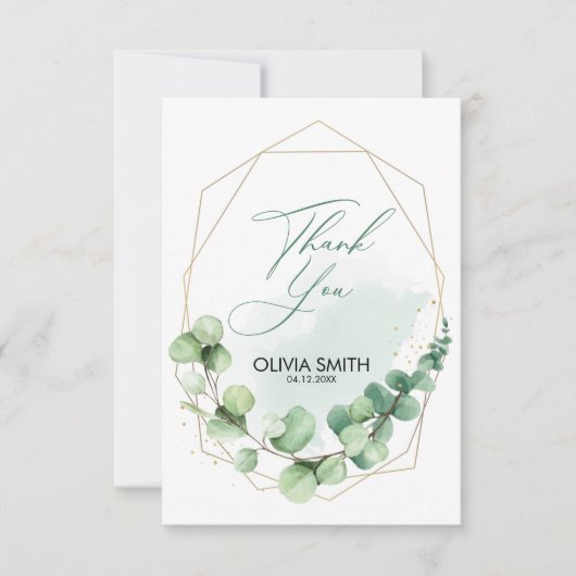 Elegant greenery goudlijnen eucalyptusbruiloft bedankkaart (Voorkant)