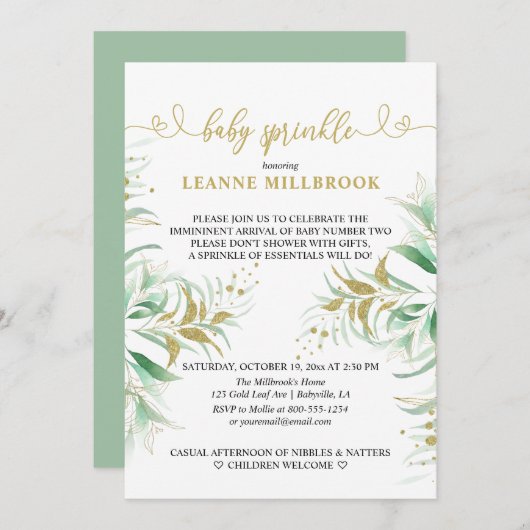 Elegant Greenery Green en Gold Baby Sprinkle Kaart (Voorkant / Achterkant)