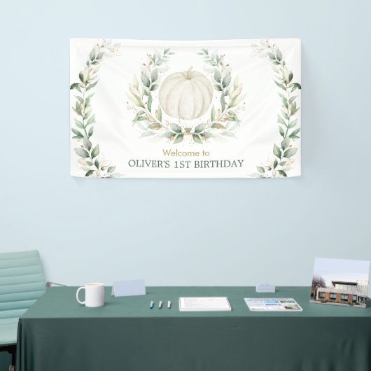 Elegant Greenery Herfst Pumpkin 1st Birthday Welko Spandoek (Beurs)
