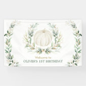 Elegant Greenery Herfst Pumpkin 1st Birthday Welko Spandoek (Horizontaal)
