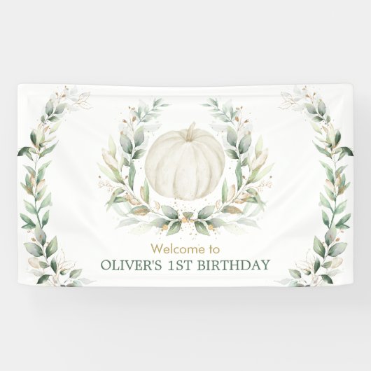 Elegant Greenery Herfst Pumpkin 1st Birthday Welko Spandoek (Horizontaal)