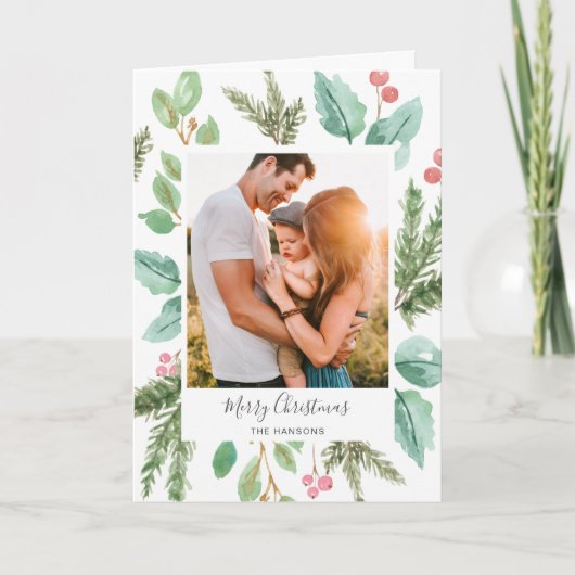Elegant Greenery Holly Photo Merry Kerstmis Feestdagen Kaart (Voorkant)
