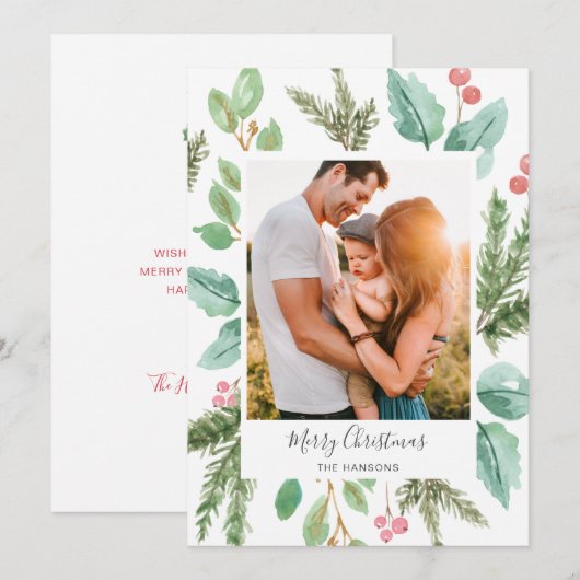 Elegant Greenery Holly Photo Merry Kerstmis Feestdagenkaart (Voorkant / Achterkant)