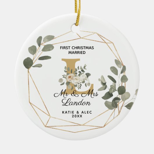 Elegant Greenery Initiaal 1e Kerstvrouw Keramisch Ornament (Voorkant)