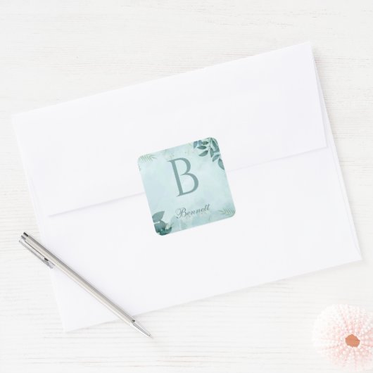 Elegant Greenery initiaal Square Sticker (Envelop)