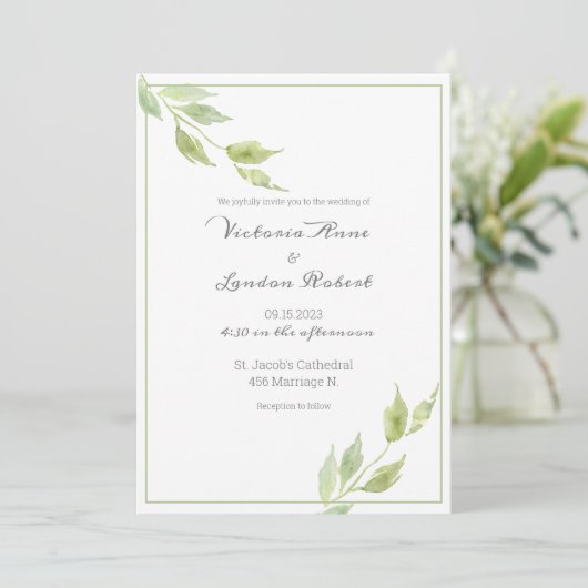 Elegant Greenery laat Waterverf Wedding Invitat Kaart (Staand voorkant)