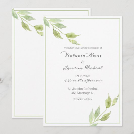 Elegant Greenery laat Waterverf Wedding Invitat Kaart (Voorkant / Achterkant)