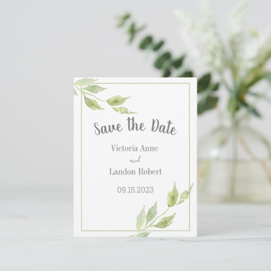 Elegant Greenery laat Waterverf Wedding Save The Date (Staand voorkant)