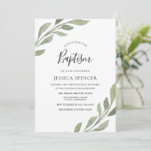 Elegant Greenery Leaf Boy of Girl Baptism Invite Kaart (Staand voorkant)