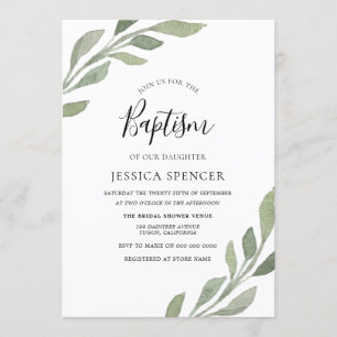 Elegant Greenery Leaf Boy of Girl Baptism Invite Kaart