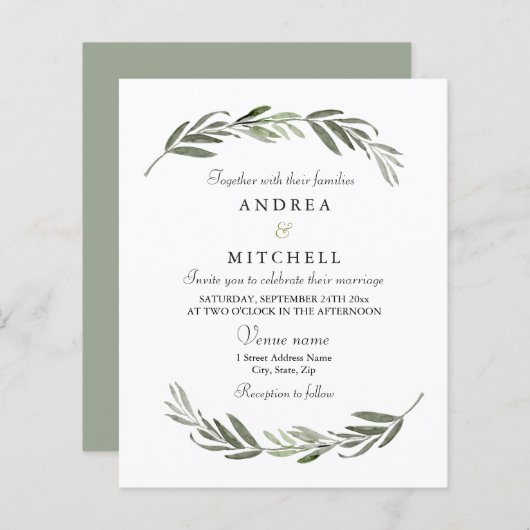 Elegant Greenery Leaf Budget Wedding Invite (Voorkant / Achterkant)