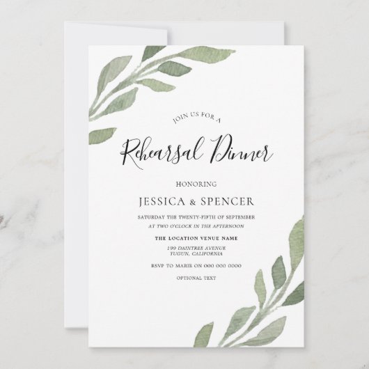 Elegant Greenery Leaf Rehearsal Dinner Invite Kaart (Voorkant)