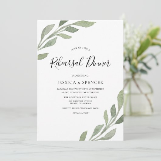 Elegant Greenery Leaf Rehearsal Dinner Invite Kaart (Staand voorkant)