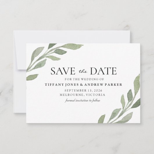 Elegant Greenery Leaf Wedding Save the Date (Voorkant)