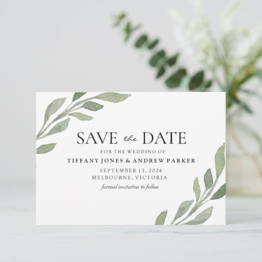 Elegant Greenery Leaf Wedding Save the Date (Staand voorkant)