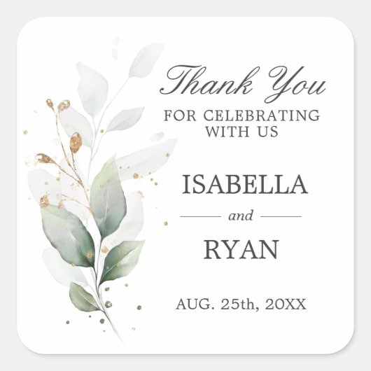 Elegant Greenery Leaves Gold Hartelijk dank Vierkante Sticker (Voorkant)