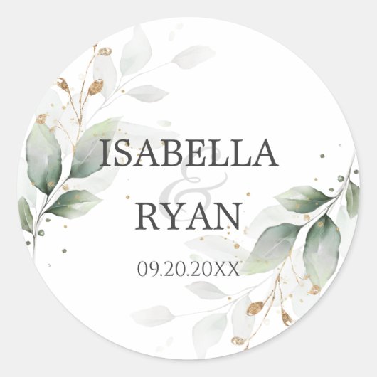 ELEGANT Greenery Leaves Gold Wedding Invitation Cl Ronde Sticker (Voorkant)