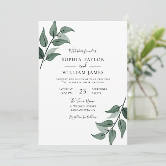 Elegant Greenery Leaves Spring Wedding Kaart (Staand voorkant)