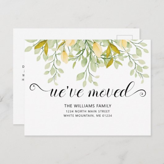 Elegant Greenery Lemon Waterverf Floral Moving Aankondigingskaart (Voorkant / Achterkant)