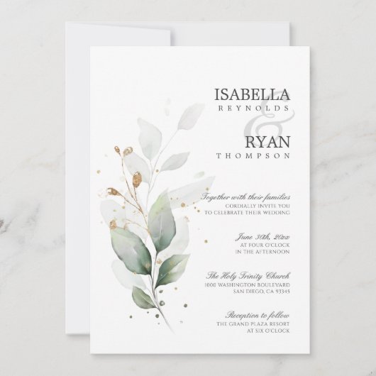 ELEGANT Greenery leveert Gold Wedding Kaart (Voorkant)