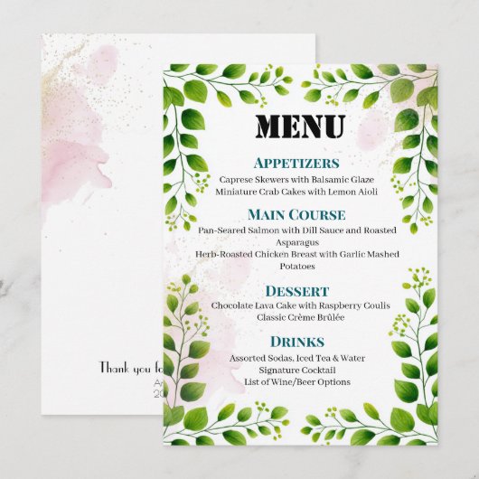 Elegant Greenery Lijst Wedding Menu (Voorkant / Achterkant)