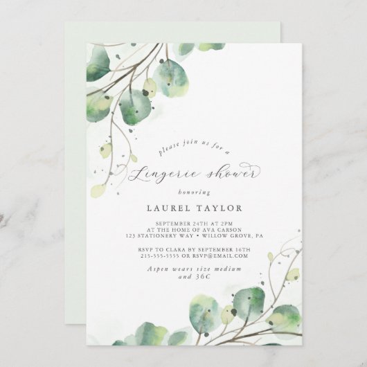 Elegant Greenery Lingerie Shower Invitation Kaart (Voorkant / Achterkant)