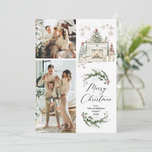 Elegant Greenery Mantel Vrolijk Kerstfeest 2 Foto Feestdagenkaart (Staand voorkant)