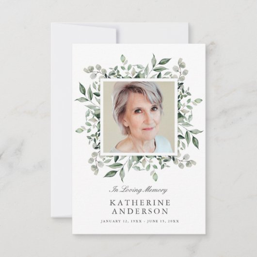 Elegant Greenery Memorial Fotoaankondiging Kaart (Voorkant)