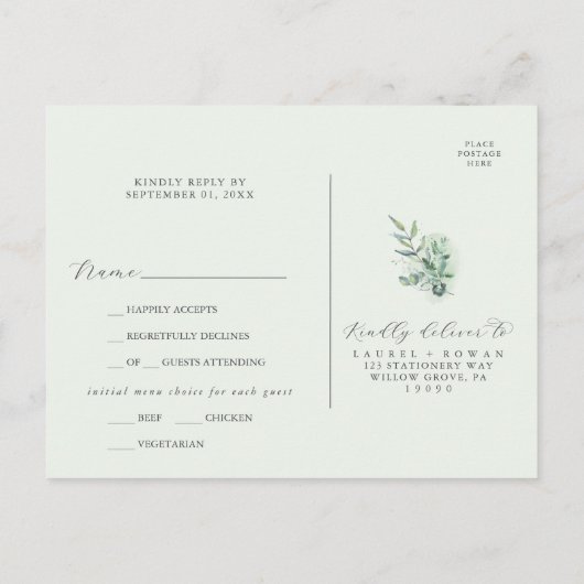 Elegant Greenery Menu Keuze RSVP-Briefkaart (Achterkant)