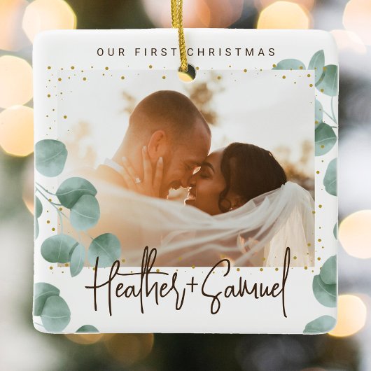 Elegant Greenery Merry and Married Photo Keramisch Ornament