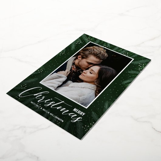 Elegant Greenery Merry Christmas Photo Folie Feestdagenkaart (Gedraaid)