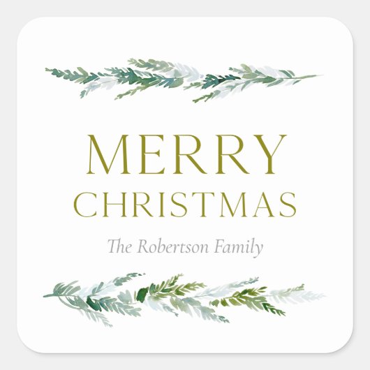 Elegant Greenery Merry Christmas Vierkante Sticker (Voorkant)