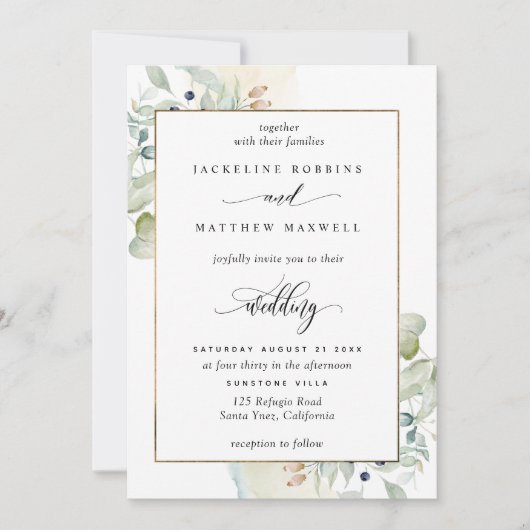 Elegant Greenery met Waterverf Stains Wedding Kaart (Voorkant)