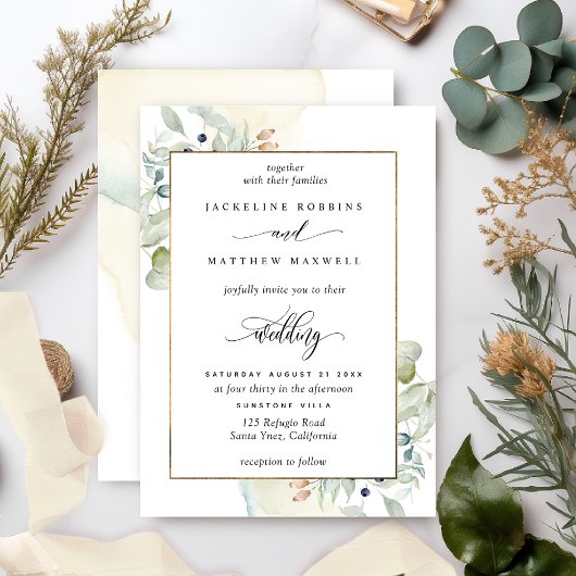 Elegant Greenery met Waterverf Stains Wedding Kaart