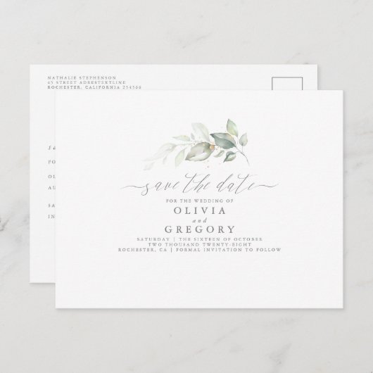 Elegant Greenery Minimal Save the Date Aankondigingskaart (Voorkant / Achterkant)