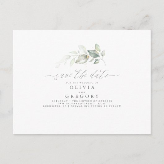 Elegant Greenery Minimal Save the Date Aankondigingskaart (Voorkant)
