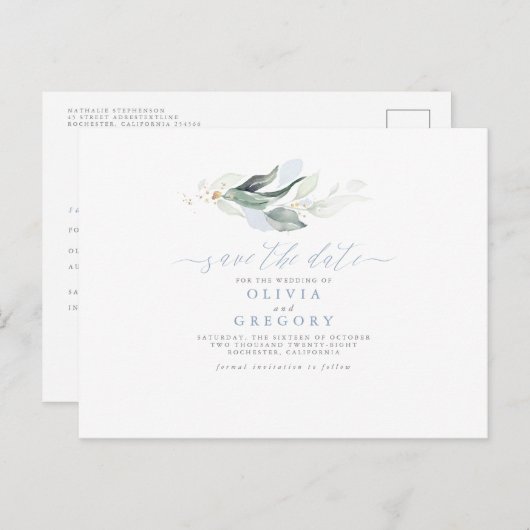 Elegant Greenery Minimal Save the Date Aankondigingskaart (Voorkant / Achterkant)