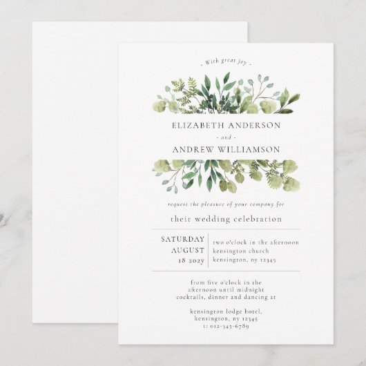 Elegant Greenery minimalist Wedding Invitation Kaart (Voorkant / Achterkant)