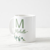 Elegant Greenery Monogram Aangepaste naam en Initi Koffiemok (Voorkant links)