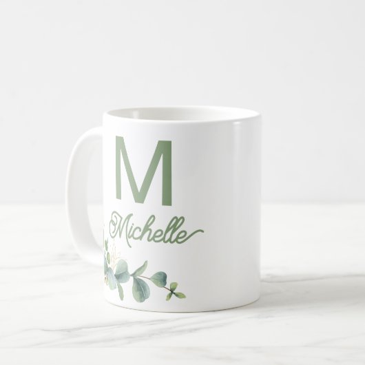 Elegant Greenery Monogram Aangepaste naam en Initi Koffiemok (Voorkant links)