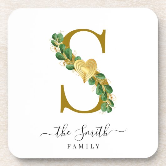 Elegant Greenery Monogram Familienaam S Bier Onderzetter (Voorkant)