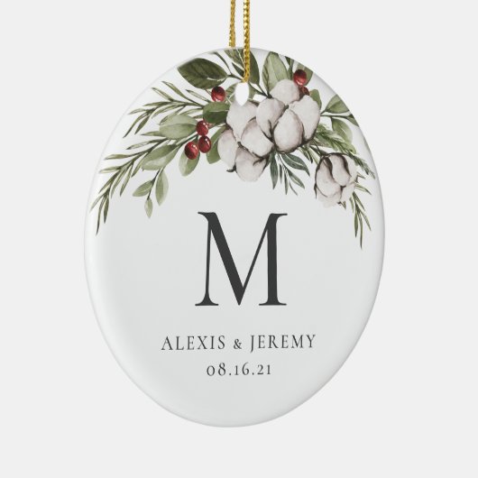 Elegant Greenery Monogram kerstversiering Keramisch Ornament (Rechts)