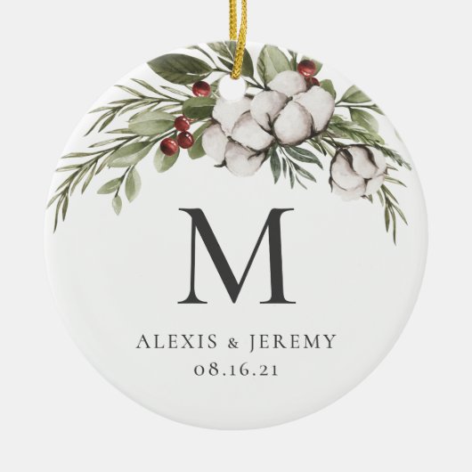 Elegant Greenery Monogram kerstversiering Keramisch Ornament (Voorkant)