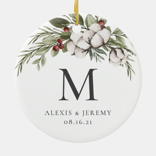 Elegant Greenery Monogram kerstversiering Keramisch Ornament (Achterkant)