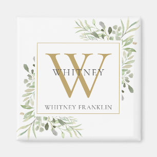 Elegant Greenery Monogram Name Magneet