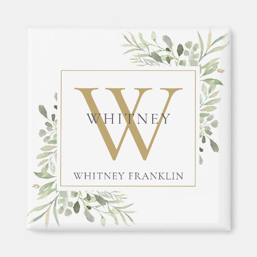 Elegant Greenery Monogram Name Magneet (Voorkant)