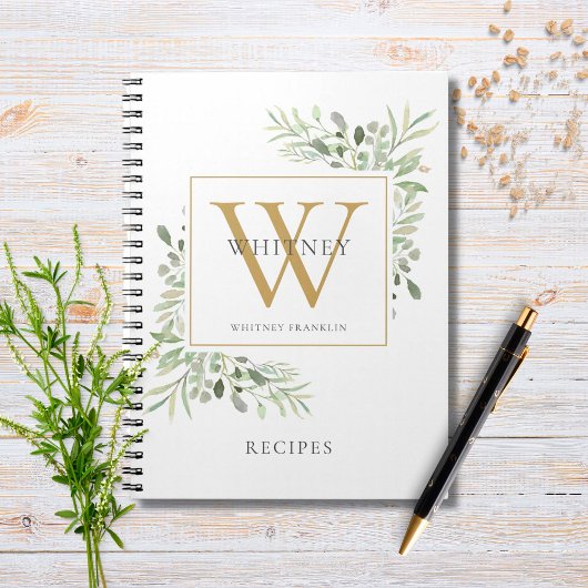 Elegant Greenery Monogram Name Recipe Cookbook Notitieboek