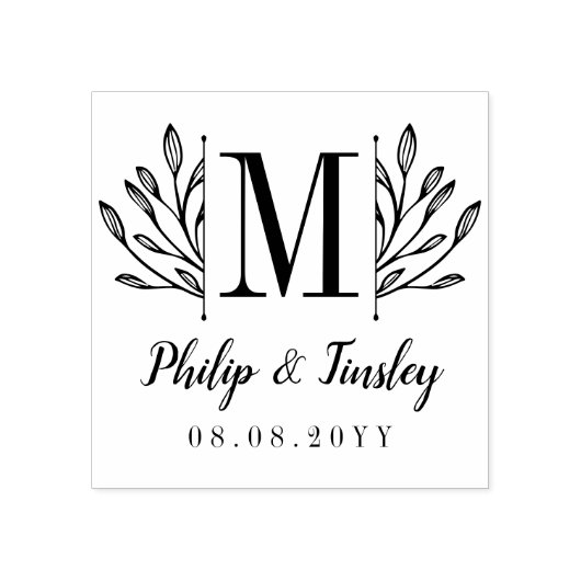 Elegant Greenery Monogram Namen & Wedding Date Rubberstempel (Afrduk)