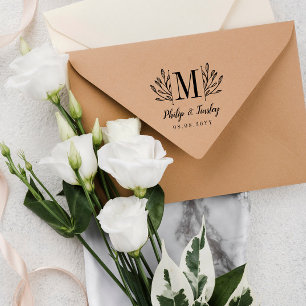 Elegant Greenery Monogram Namen & Wedding Date Rubberstempel